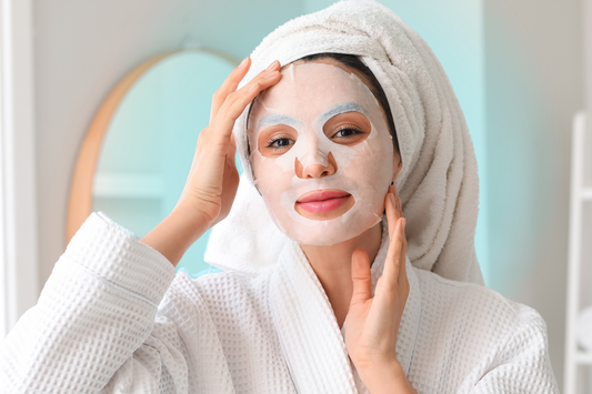 EAORON Hyaluronic Glutathione Essence Hydrating Face Mask sheet mask on model's face