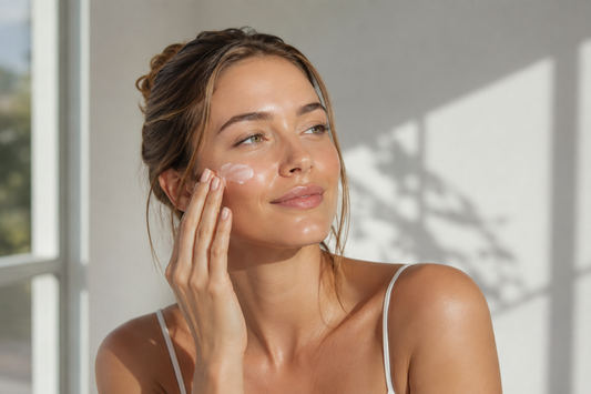 A young woman putting on sunscreen