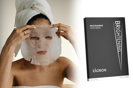 An open EAORON Niacinamide Face Mask sachet with the unfolded sheet mask beside it, glowing with dewy essence